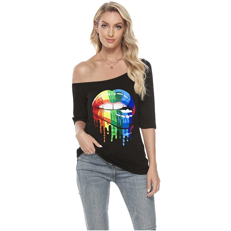 MAGICMK Women Casual Plus Size Lips Print Off Shoulder T-Shirt Tops (5XL, Black+XXMOUTH) - Image 2
